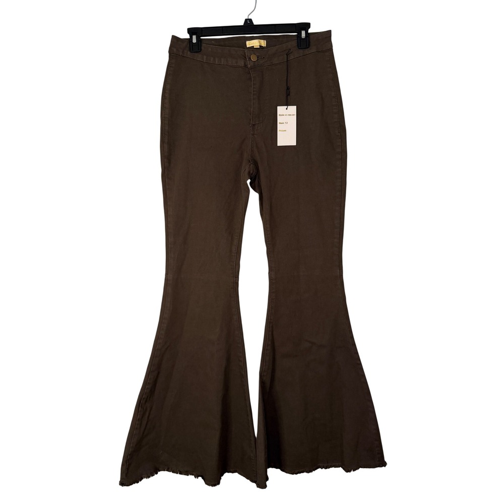 NEW Home Folk Women Brown High Waisted Flare Bell Bottom Pants Raw Hem Size 12
